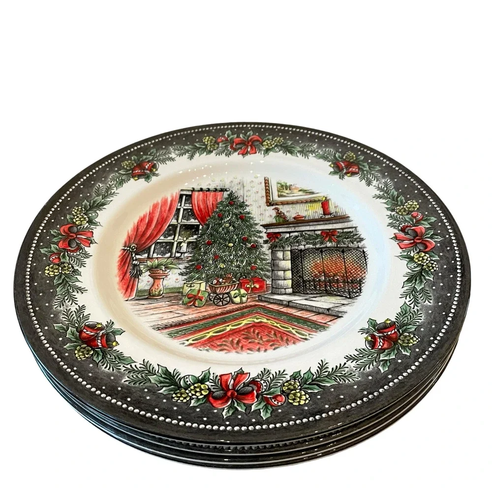 Royal Stafford CHRISTMAS MORNING 11in Dinner Plate Set of 4 Holiday Porcelain